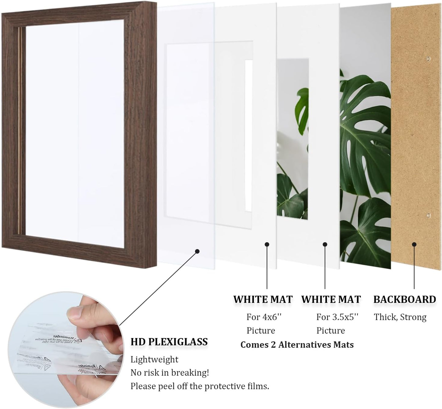 Egofine 5x7 Picture Frames Set of 4, Made of Solid Wood Covered by Plexiglass 3.5x5 and 4x6 with Mat or 5x7 without Mat, for Table Top Display and Wall Mounting Photo Frame Brown