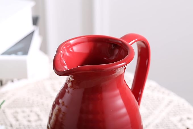 hjn hjn Farmhouse Pitcher Vase for Flowers- Ceramic Pitcher Vase Red Decorative Pitcher for Your Kitchen/Home Decor/Office/Living Room/Bookshelf/Mantel/-Red