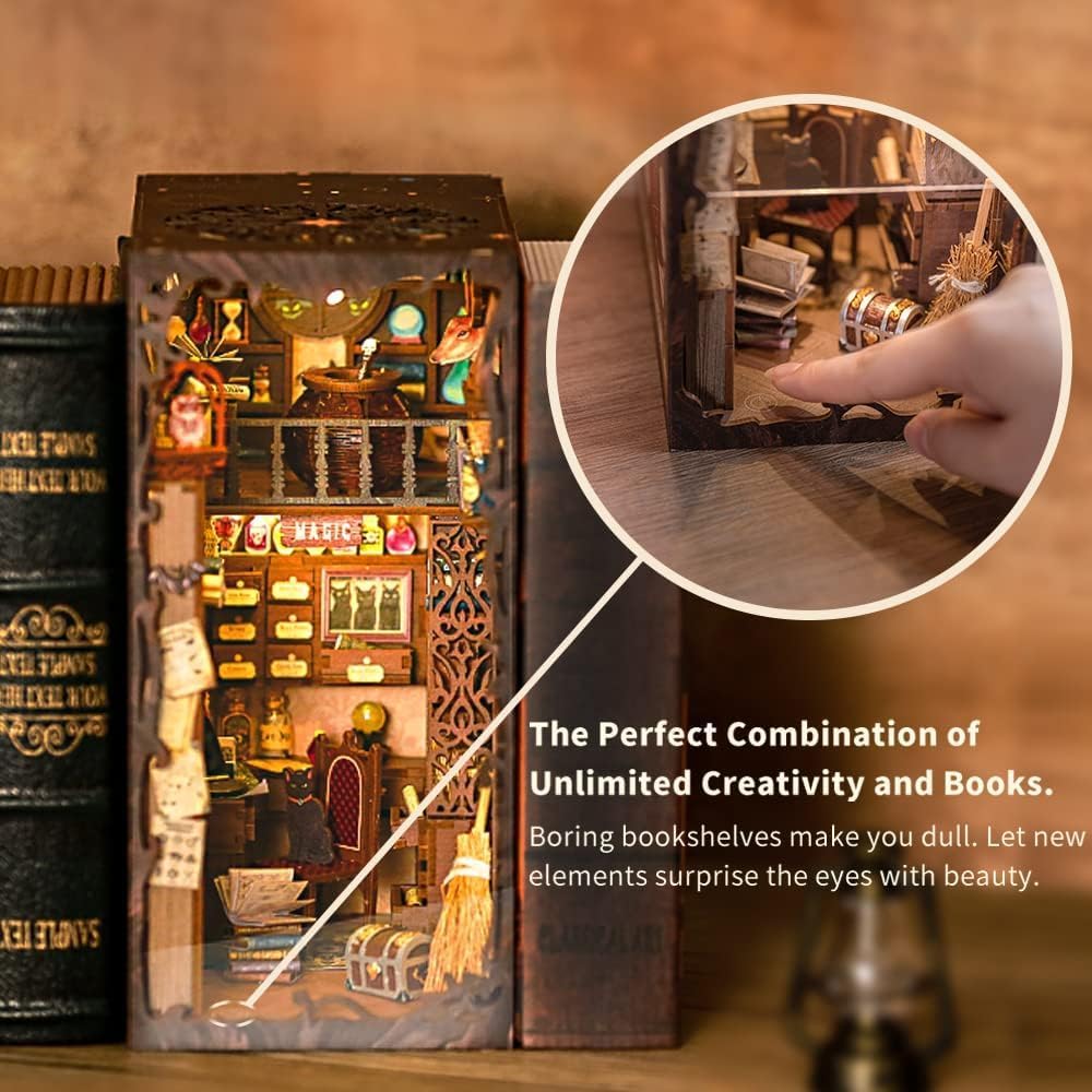 Cutefun DIY Book Nook Kit Birthday Gift for Adults, Teens, Family, DIY Miniature House Booknook Kit Bookshelf Decor 3D Wooden Puzzles for Adults, Tiny Home Model with LED Light (Magic Pharmacist)