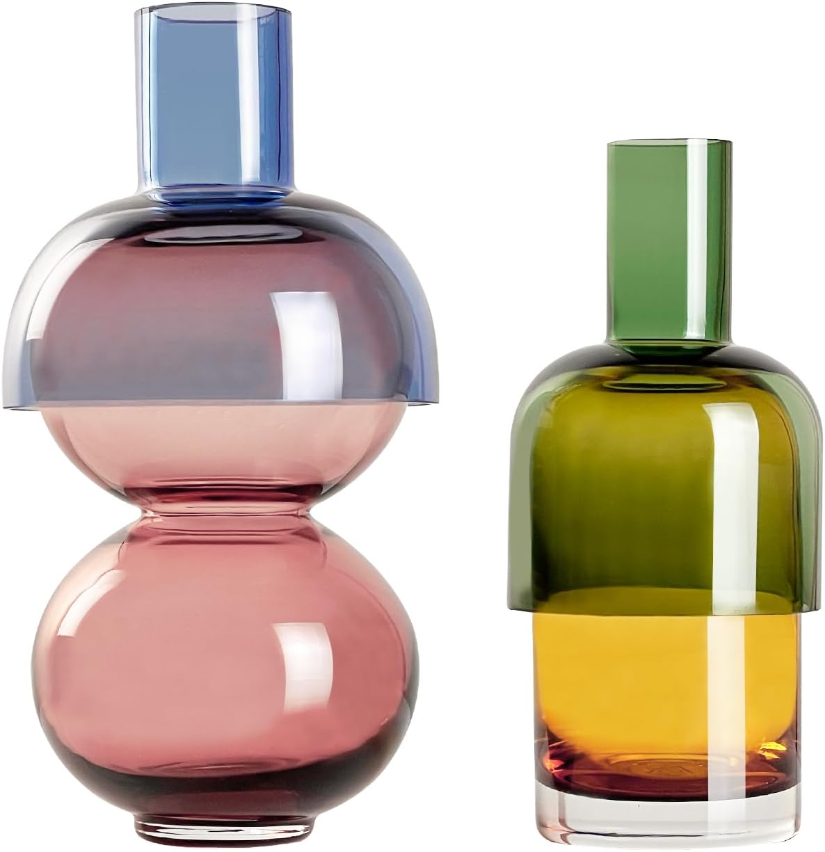 Cloudnola Reversible Glass Flower Vase and Bud Vase Set of 2, Pink & Blue and Green & Yellow, Ideal Gift Set, for Home, Wedding, and Event Décor (Cherry)
