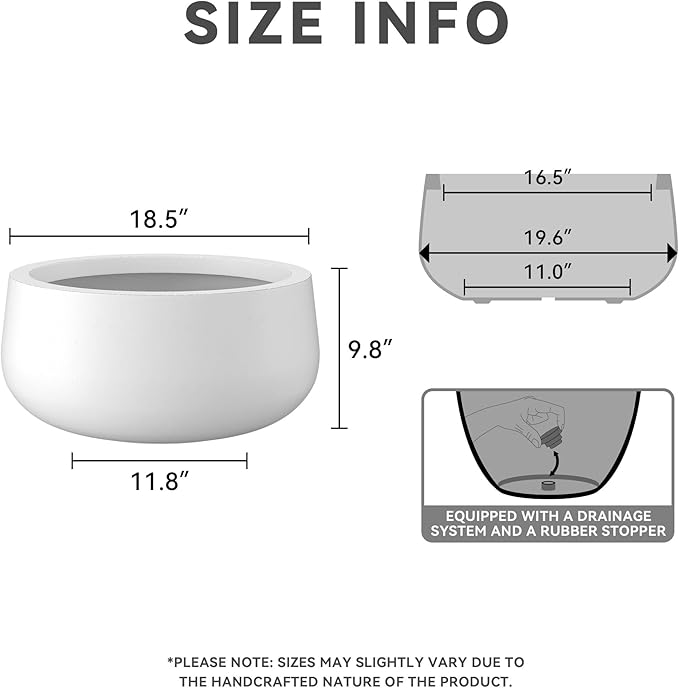 Kante 19.6" Dia Round Concrete Planter, Outdoor Indoor Garden Plant Pots with Drainage Hole and Rubber Plug, Modern Curvaceous Design, Pure White