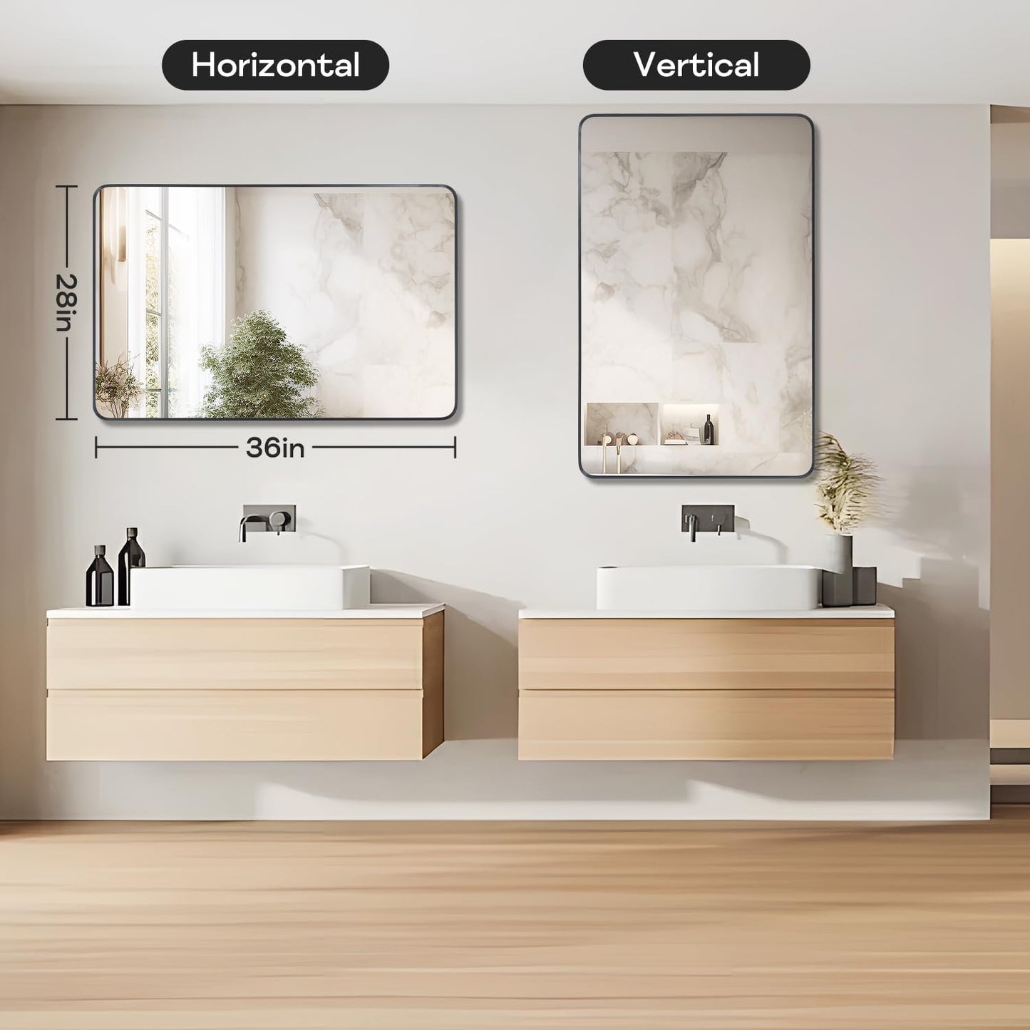 Black Metal Framed Bathroom Mirror for Wall, Large Brushed Matte Black Rounded Corner Rectangular Bathroom Vanity Mirror, Anti-Rust, Tempered Glass (28" x 36", Black)