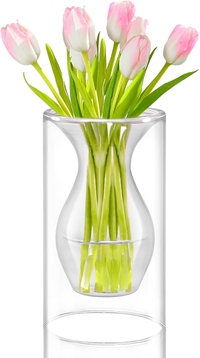 ZENS Unique Small Flower Vase, Modern Double Hollow Clear Glass Vase, Floating Decorative Vase Hand Blown Cool Bud Vase for Home Small Bouquet, Wedding Centerpieces