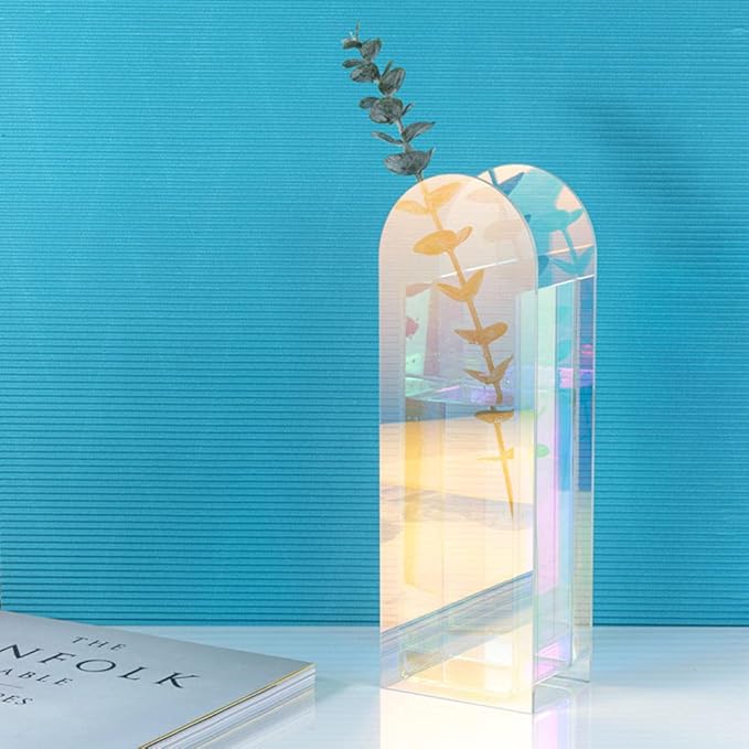 Iridescent Acrylic Vase for Artificial Flower Fake Eucalyptus Plant Leaves Office Home Decor Contemporary Tabletop Minimalist Geometric Mini Decoration Make Up Brushes Organizer Holder, Rainbowtall