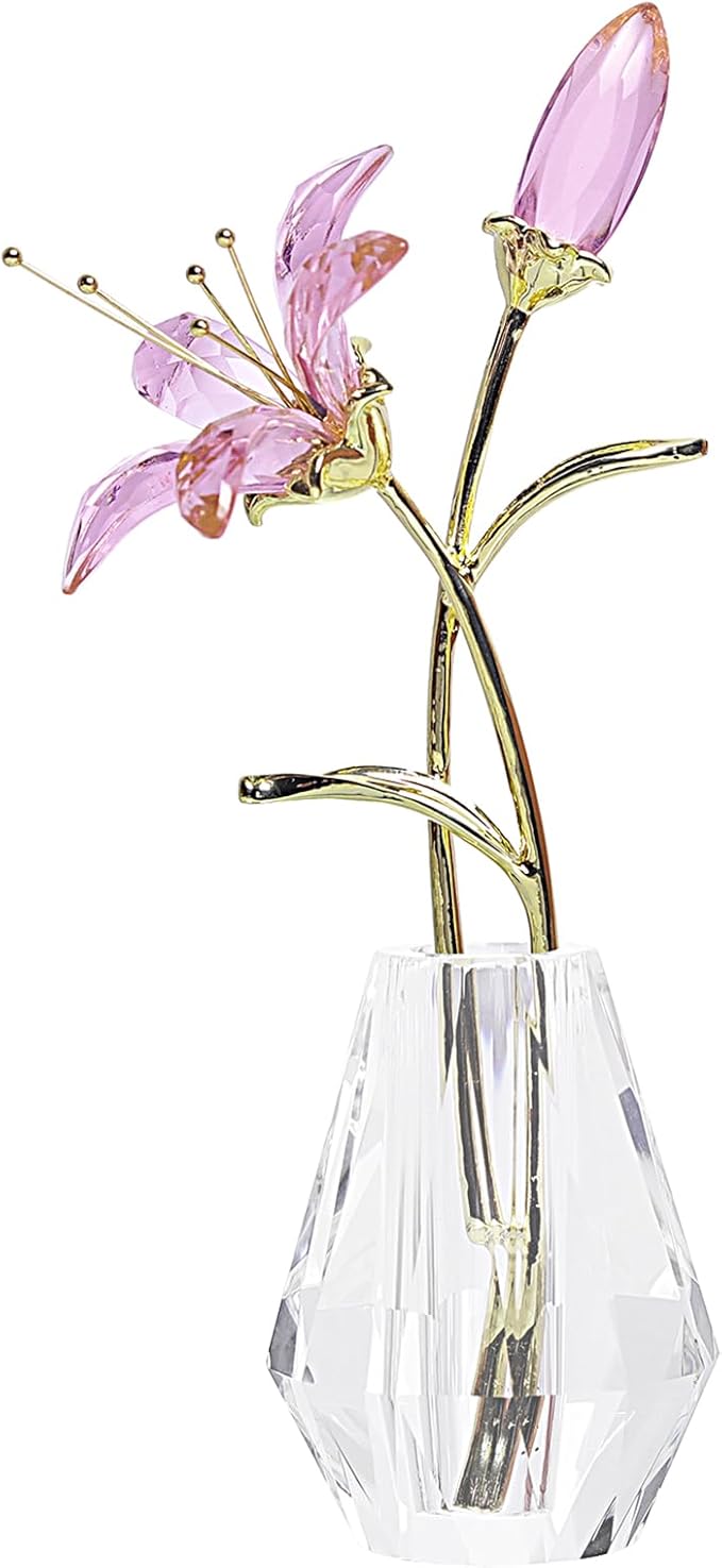 LONGWIN Crystal Artifical Tiger Lily Flowers with Vase - Pink Crystal Collectible Figurines Decorative Blooming Lily Flower for Home and Wedding