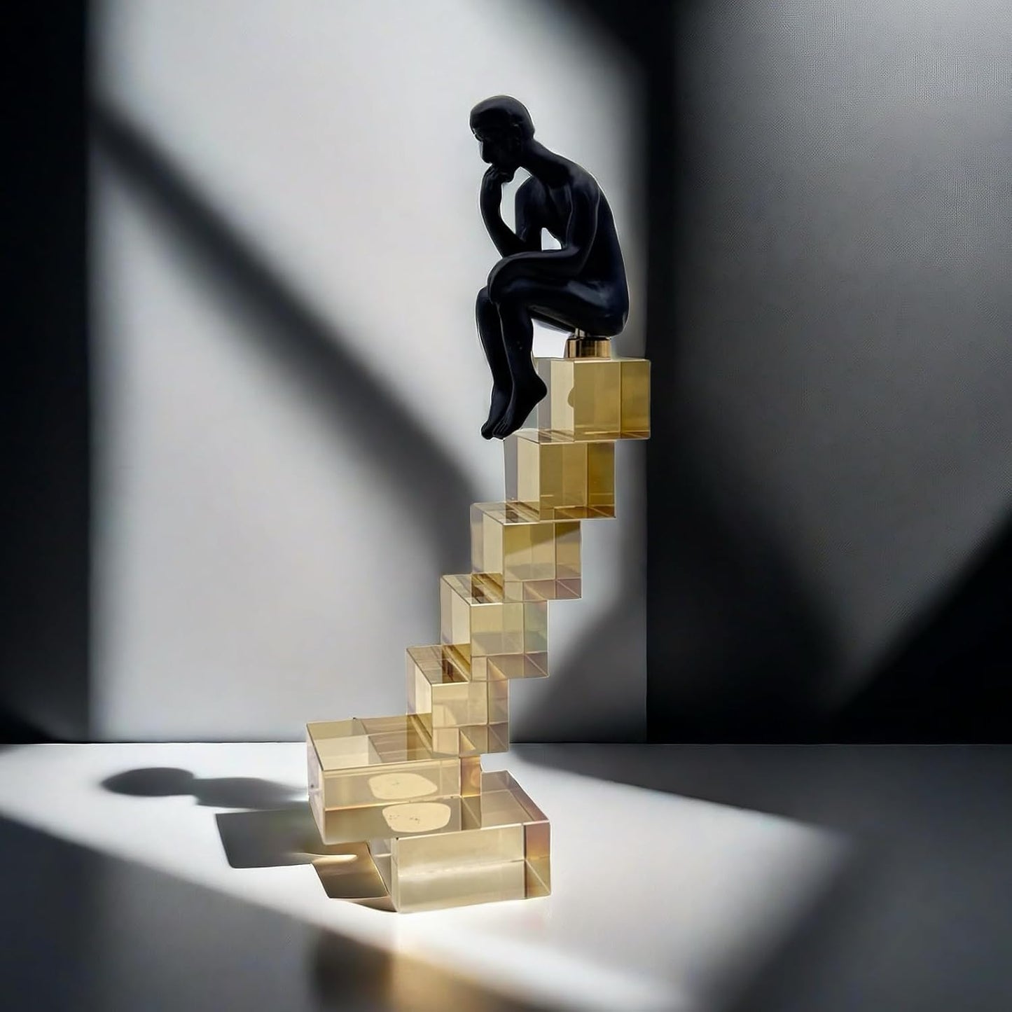 FUNSXBUG 12 Inch The Thinker Statue Thinking Man Statues Sitting on Crystal Glass Stairs Sculptures Collectible Figurine Home Decor Living Room Decoration