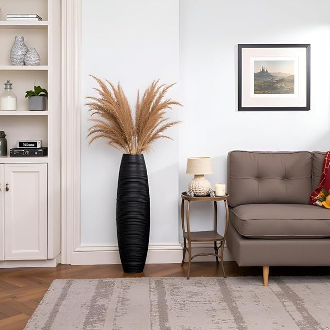 Tall Floor Vase, 27.5 inches (70cm, 2.3FT) Floor Vase Sturdy, Luxury, Textured for Decorative Branches Dried Flowers, Tall Vases for Rustic Living Room, Home Decor, Resin Black Vases