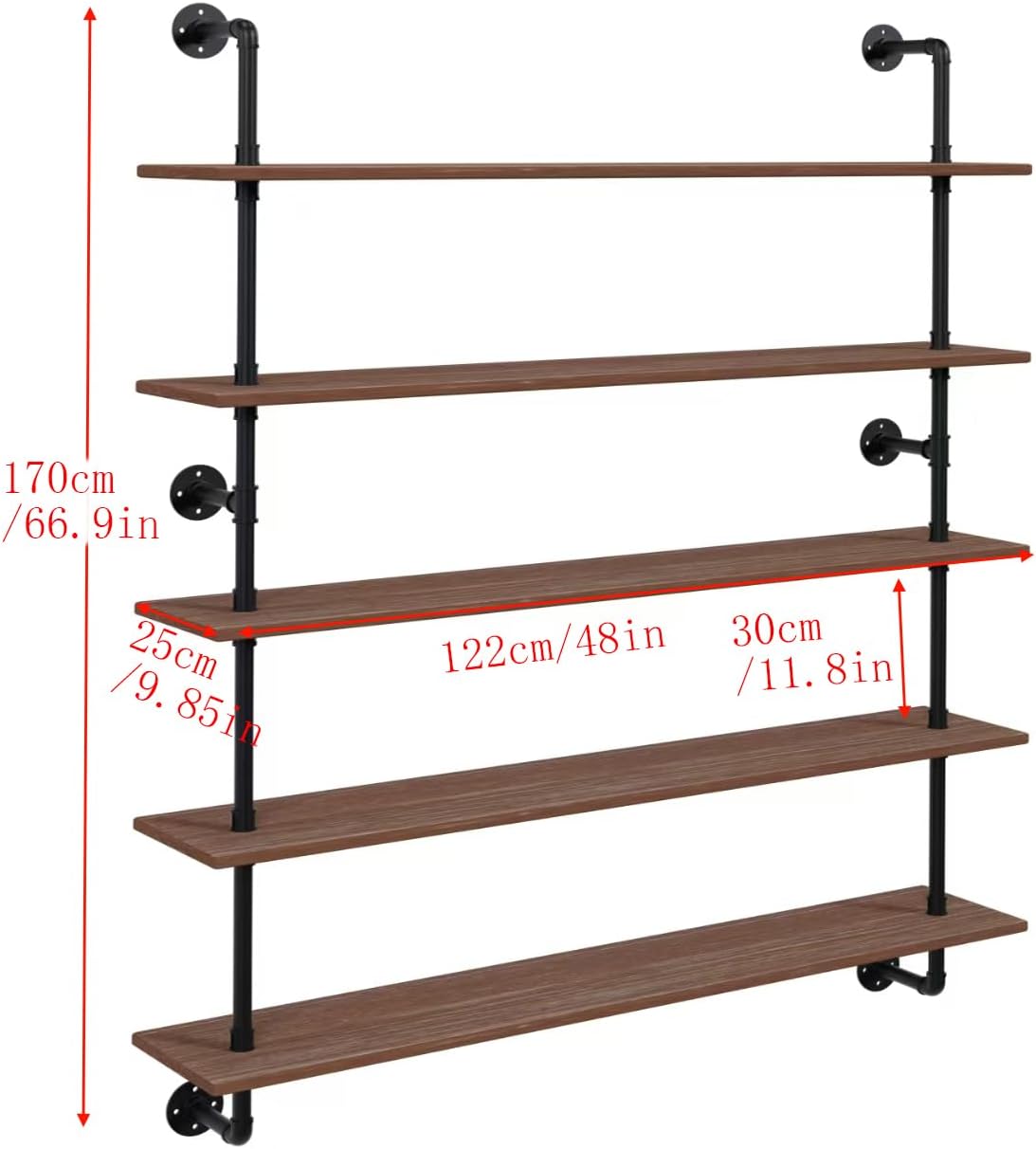 Floating Shelves for Wall Bookshelf Industrial Pipe Shelving Shelves 48 Inch 5 Tier Natural Wood Planks Rustic Wall Shelves Hanging Bookshelves Farmhouse Kitchen Shelving