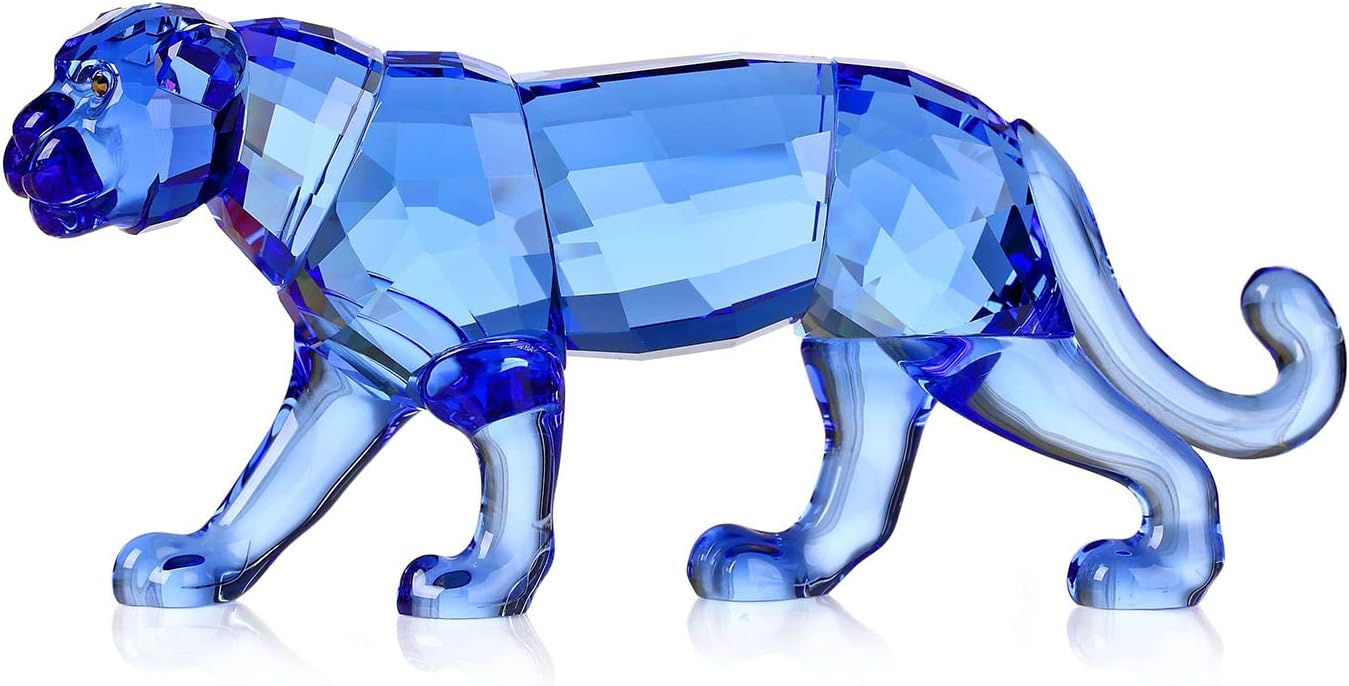 Crystal Leopard Cheetah Realistic Animal Art Figurine Collection Table top Ornament Statue Home Decor (Blue)