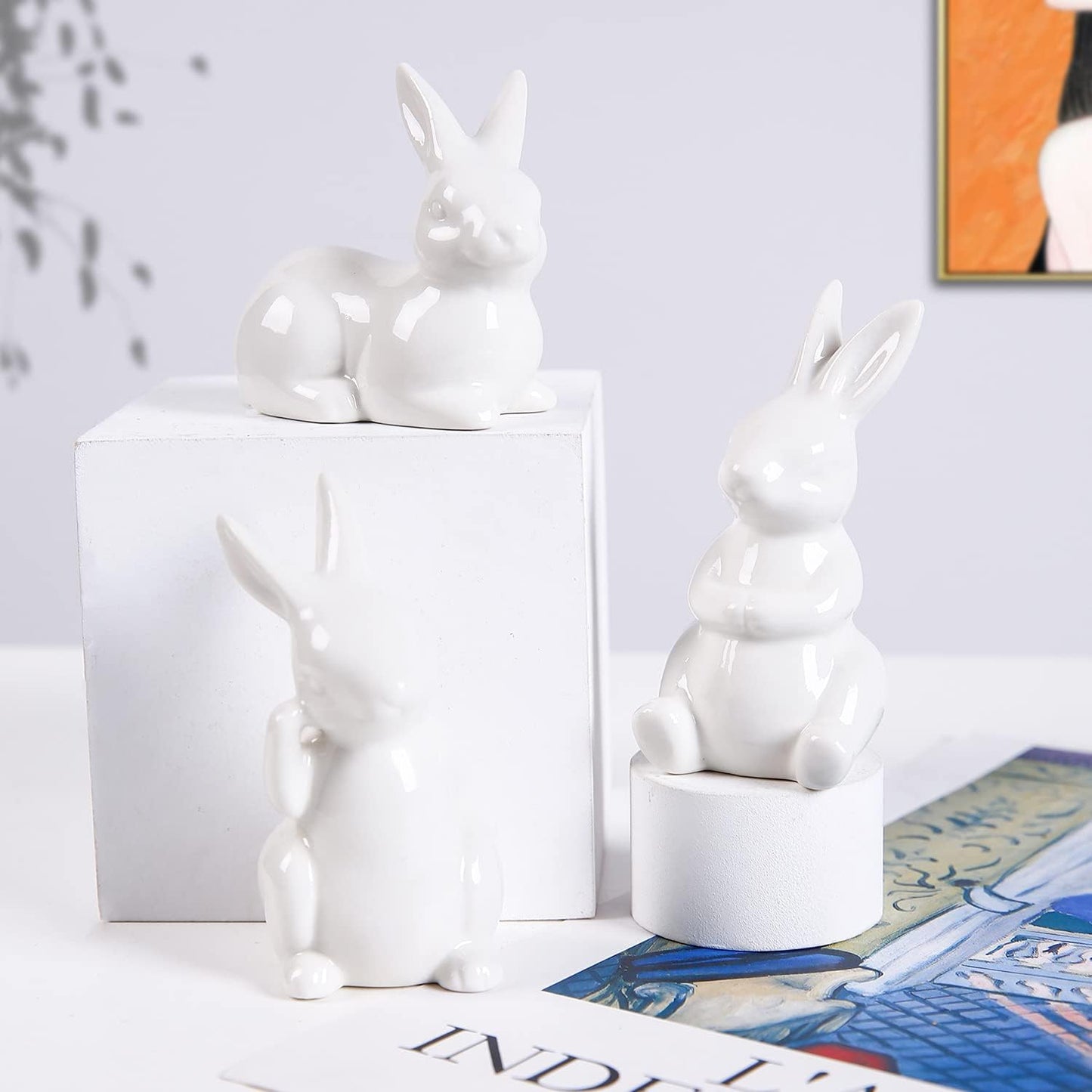 Easter Bunny Figurine Ceramic Bunny Rabbits, Porcelain Modern Art Spring Home Decor, Easter Decorations Rabbit Figurines Decor