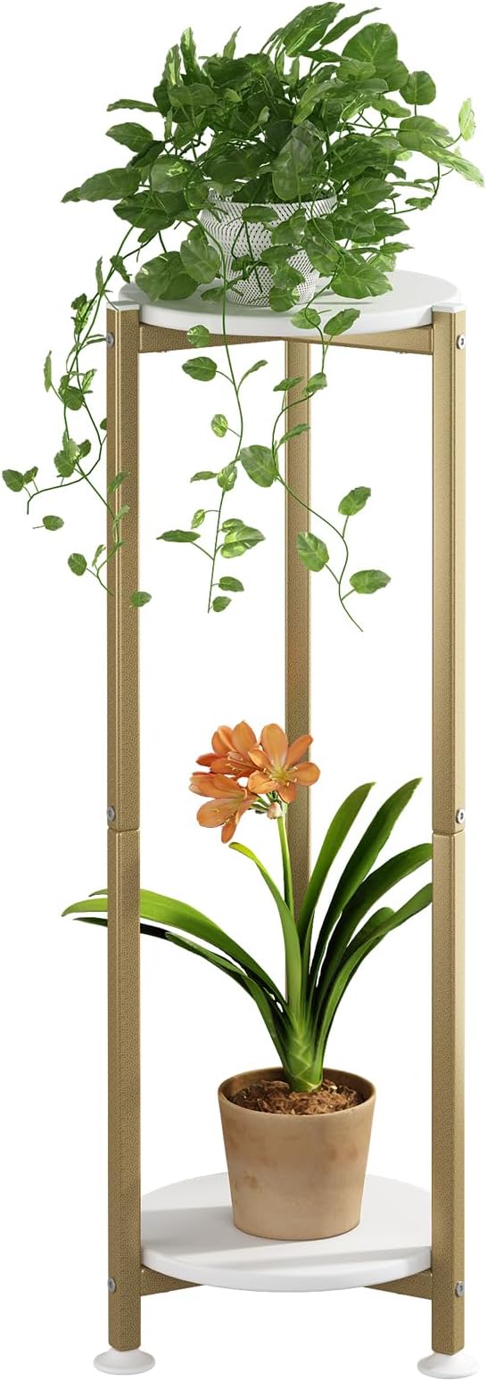 Plant Stand Indoor Corner Tall 2 Tier Metal Modern Flower Storage Plant Shelf Holder for Living Room Balcony Garden,Gold (2 Tier-Gold Round)