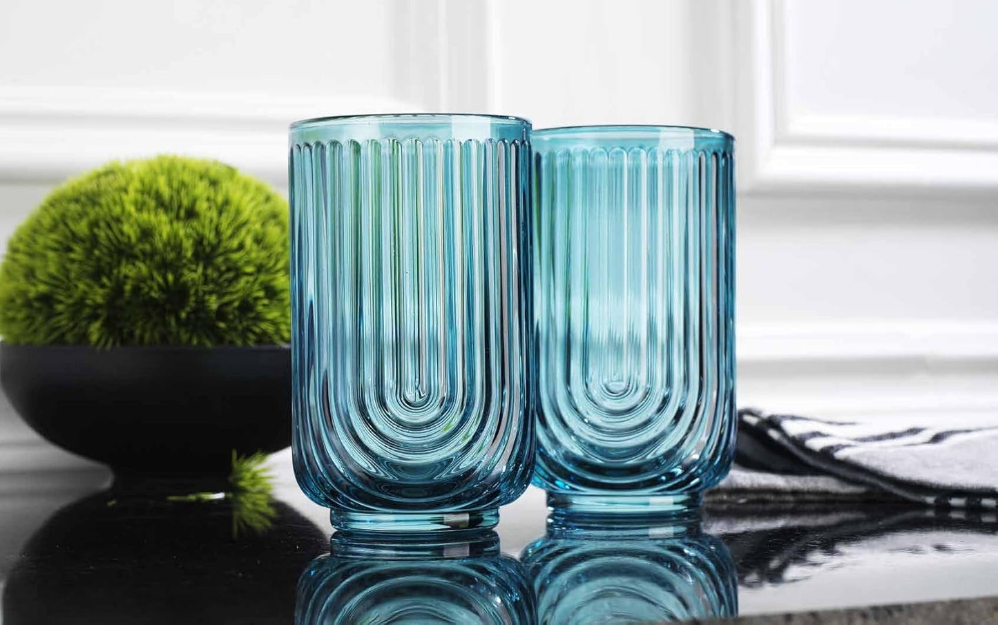 Glaver's Vintage Glassware Art Deco Glasse Ribbed Drinking Glasses U-Shape Arch Design Colored Cocktail Kitchen Tumblers Everyday Dinner Decorative Party, Blue (Blue S/4 17oz)