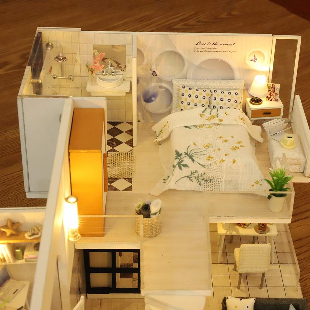 GuDoQi DIY Miniature Dollhouse Kit with Furniture, Tiny House kit 1:24 Scale, Need to Assemble Around 30 Hours, Great Handmade Crafts Gift for Birthday, Christmas, Life House(No Dust Cover)