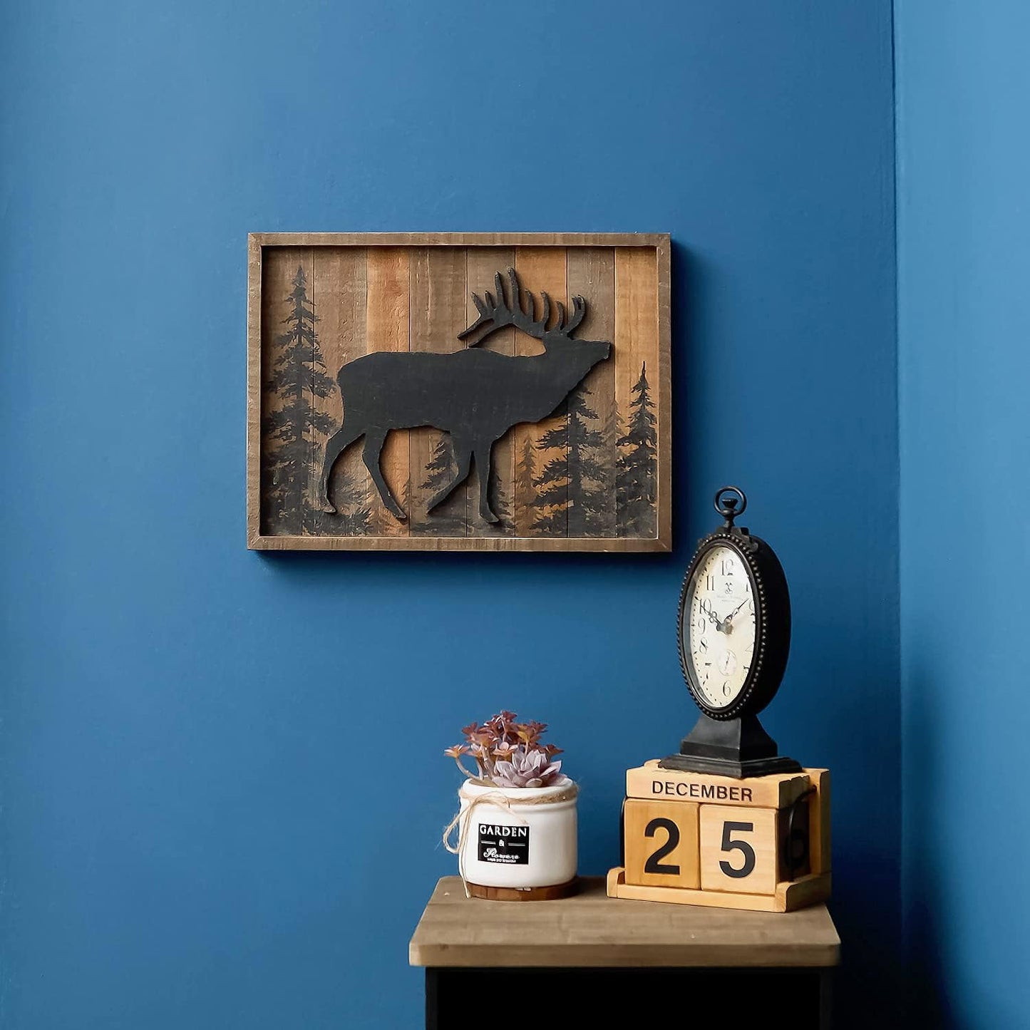 NIKKY HOME Deer Cabin Wall Decor, 3D Elk Rustic Wood Forest Mountain Woodland Wildlife Lodge Animal Picture Art Bathroom Decor, 16 x 12 Inches