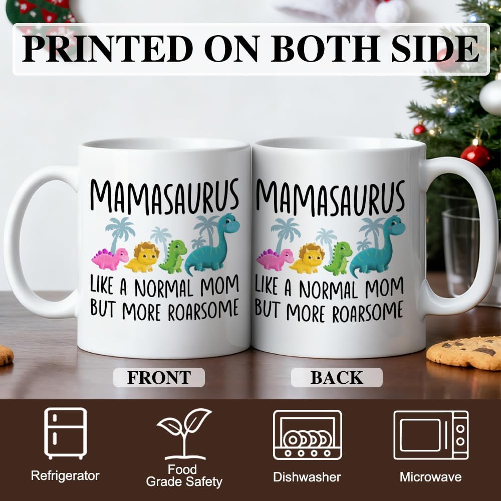 Mamasaurus Like A Normal Mom But More Roarsome Ceramic Coffee Mug for Women Mom Mama, Appreciation Birthday Gifts for Aunt Grandma Mother, Funny 11oz Dinosaurs Mug, Mothers Day Gifts