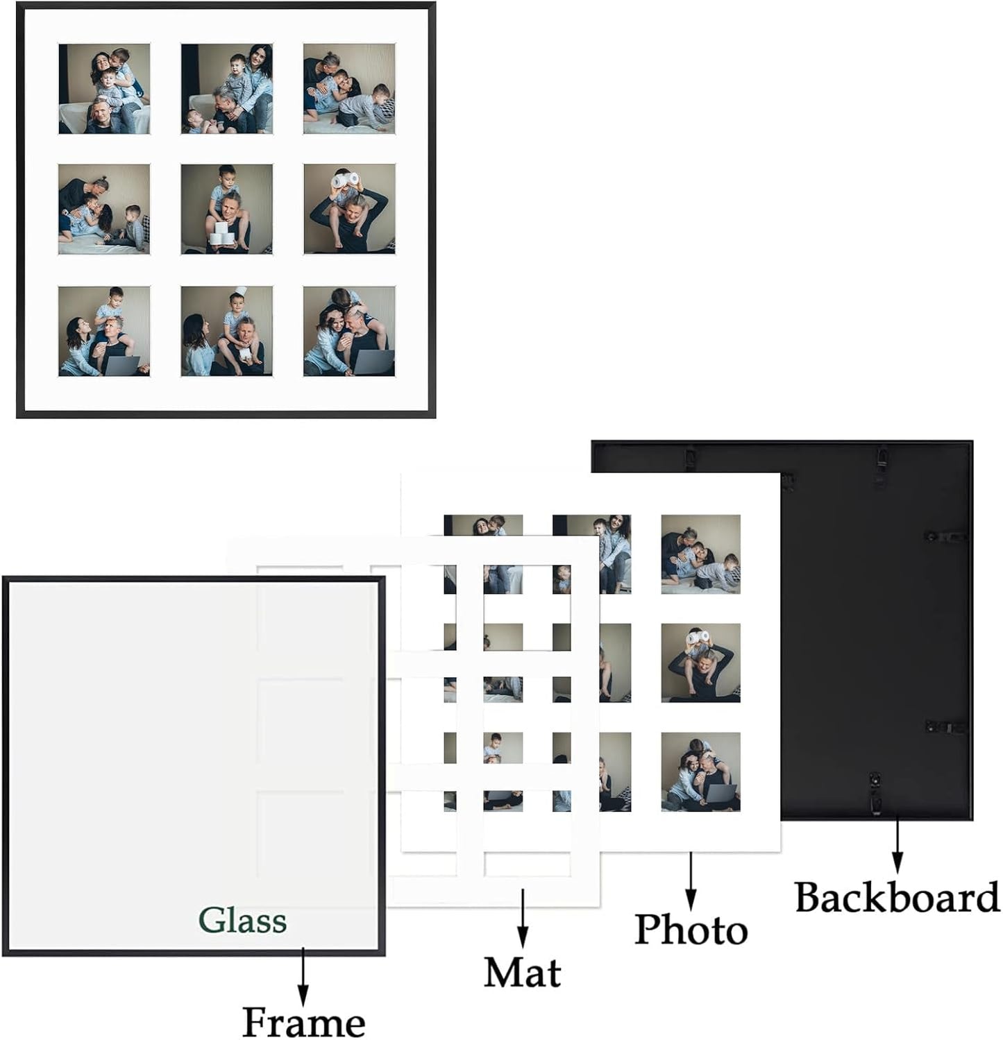 Frametory - 16x16 Aluminum Collage Picture Frame - Display 4x4 Pictures with 9 Openings Mat - Real Glass Front - Horizontal/Vertical Wall Mount - Black 1 Pack
