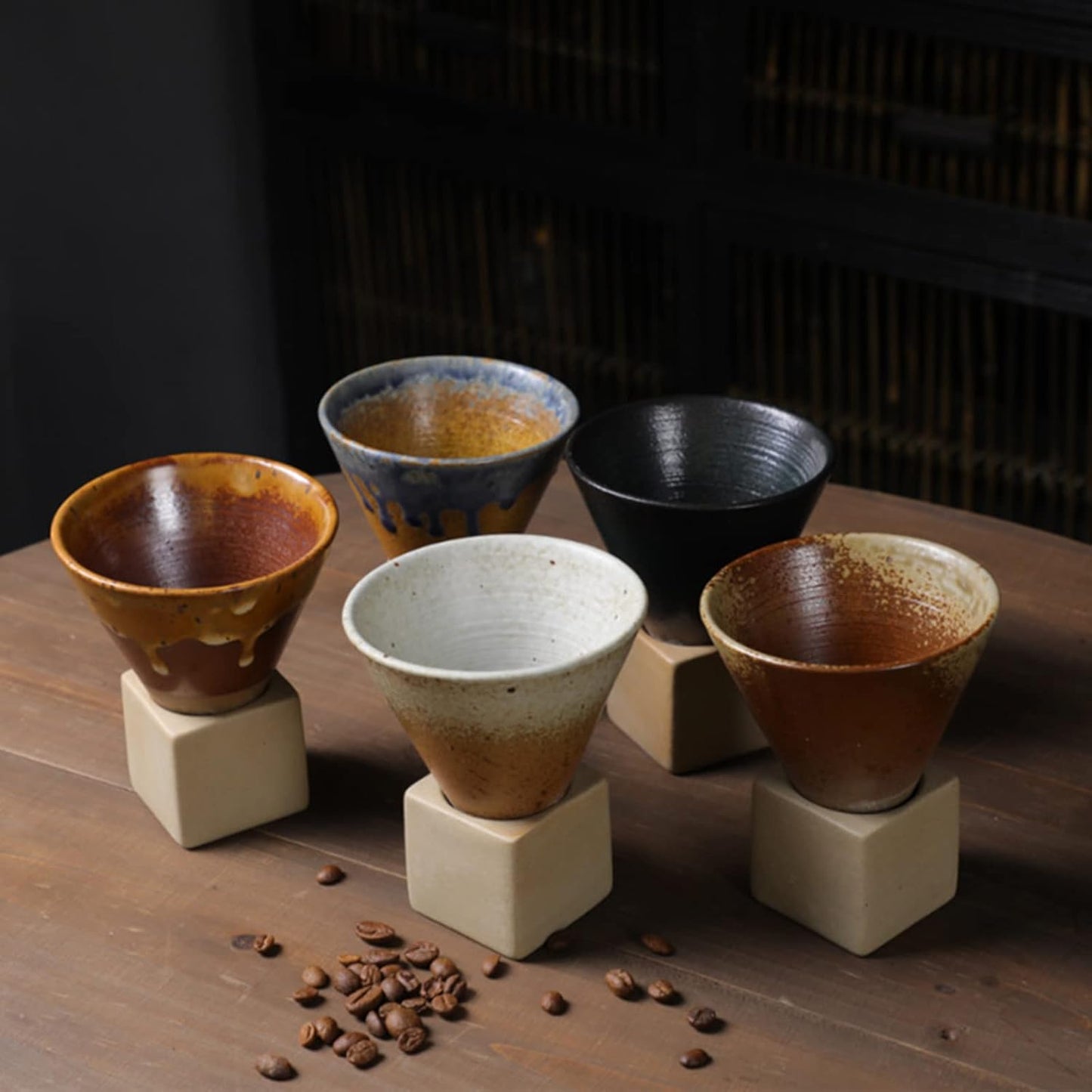 Coarse Pottery Coffee Mugs, Japanese Style Ceramic Tea Cups Triangular Cone Shape Porcelain Retro Mug with Square Base Heat Resistant Funnel Mugs Espresso Latte for Home Picnic Office