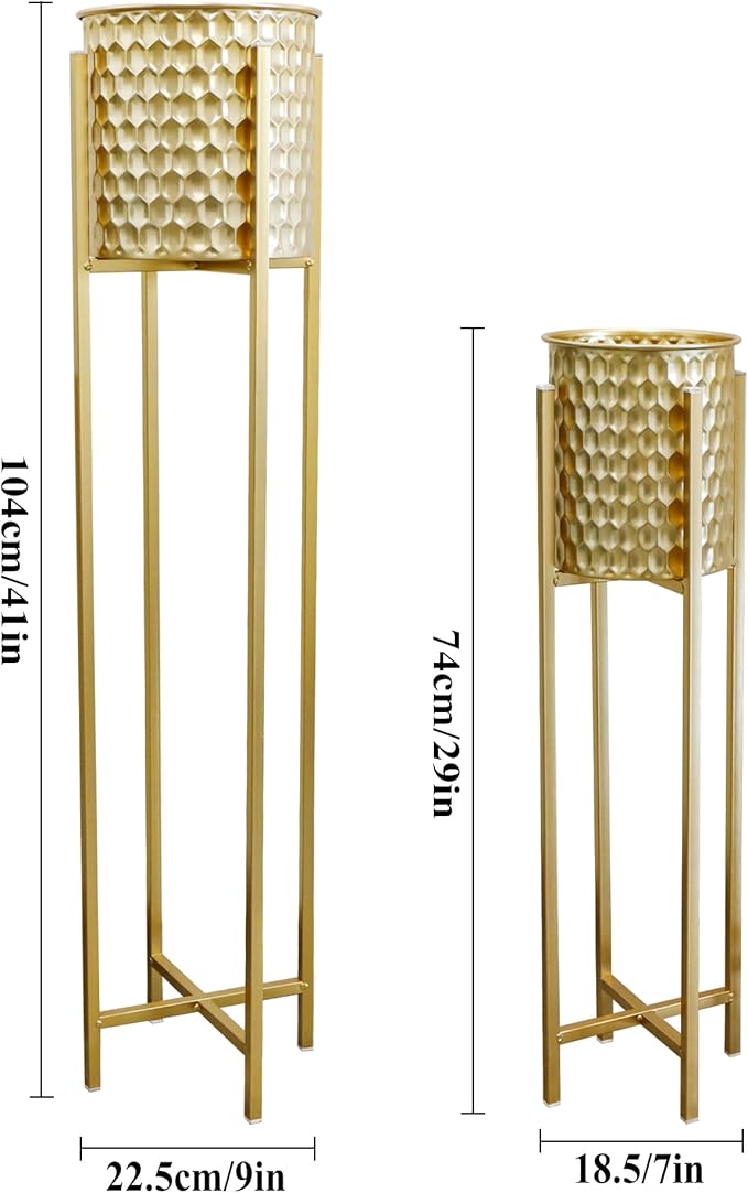 TRIROCKS Set of 2 Planters with Stand Indoor Outdoor Metal Gold Planters for Indoor Plants 30 &40" Tall Morden Planters Flower Pots for Living Room Corner Kitchen Office Garden Balcony Patio Decor