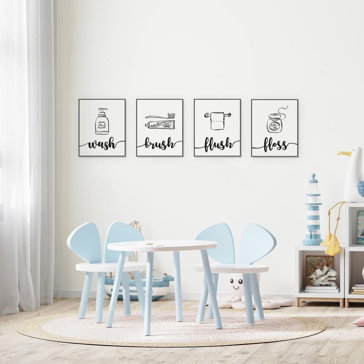 ETVISO Bathroom Wall Decor Set of 4, Minimalist Modern Restroom Wall Decor, Black And White Bathroom Decor, Wash Brush Floss Flush Wall Decor, 8x10 (Unframed)