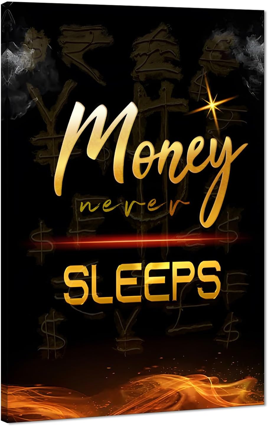 Large Size Money Never Sleeps Motivational Framed Wall Art Canvas Paintings Black and White Golden Artwork Stretched and Framed Easy to Hang-28x44 inch