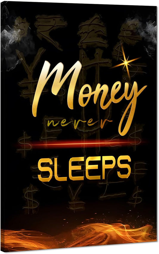 Large Size Money Never Sleeps Motivational Framed Wall Art Canvas Paintings Black and White Golden Artwork Stretched and Framed Easy to Hang-28x44 inch