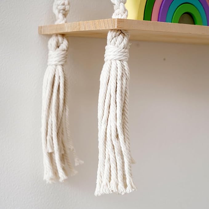 Macrame Wall Hanging Shelf, Bohemian Woven Tapestry Chic Woven Leaf Tassels Home Deco, Boho Handmade Wall Art Floating Shelf for Living Room, Bedroom, Nursery Backdrop, Apartment (White+Yellow+Grey)