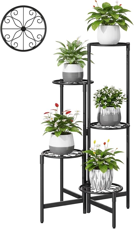 Plant Stand Indoor Outdoor, 5 Tier Corner Metal Flower Display Holder Stand, Folding Tall Plant Rack for Patio Balcony Porch Garden Living Room House, Heavy Duty Wrought Iron Plant Shelf - BlackS