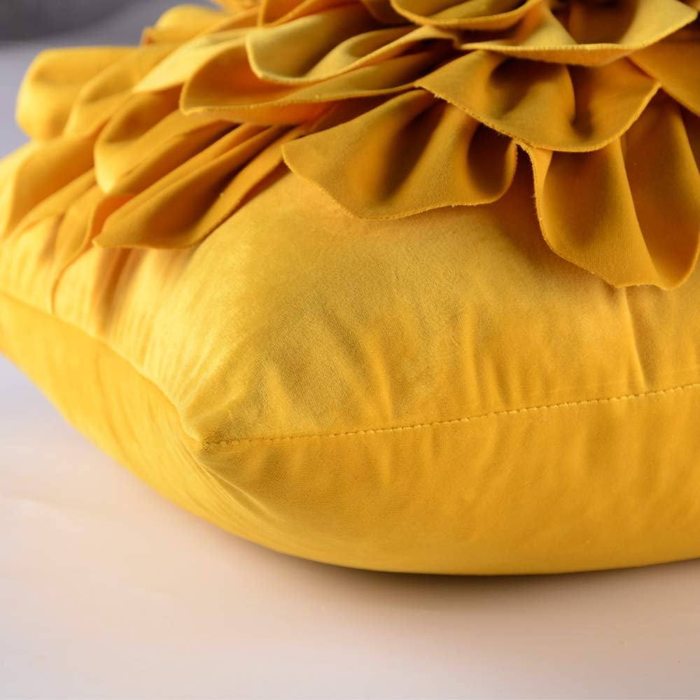 Decorative 3D Flower Throw Pillow Covers Soft Velvet Handmade Pillowcases Cushion Covers for Couch Bed Living Room Home Decor 18x18 Inch Yellow