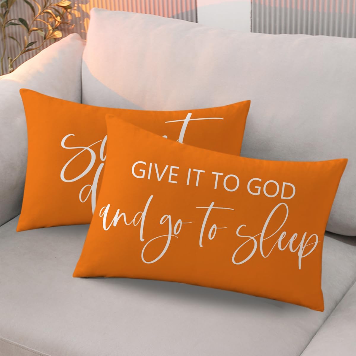 Bedding Decorative Pillowcases Reversible Give It to God and Go to Sleep Cushion Covers Sleep Themed Throw Pillow Covers 12''x20'' for Bedroom Guest Room Housewarming Gifts (Orange)