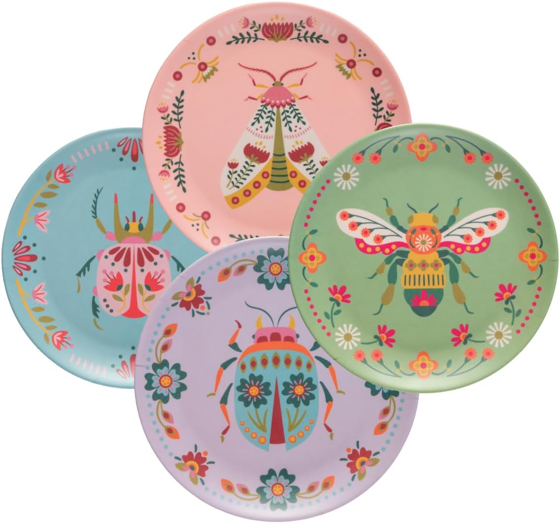 Karma, 7.75 inches Melamine Dessert Plates Set of 4, Reusable Dishwasher Safe Plates for Outdoor and Indoor, Bugs