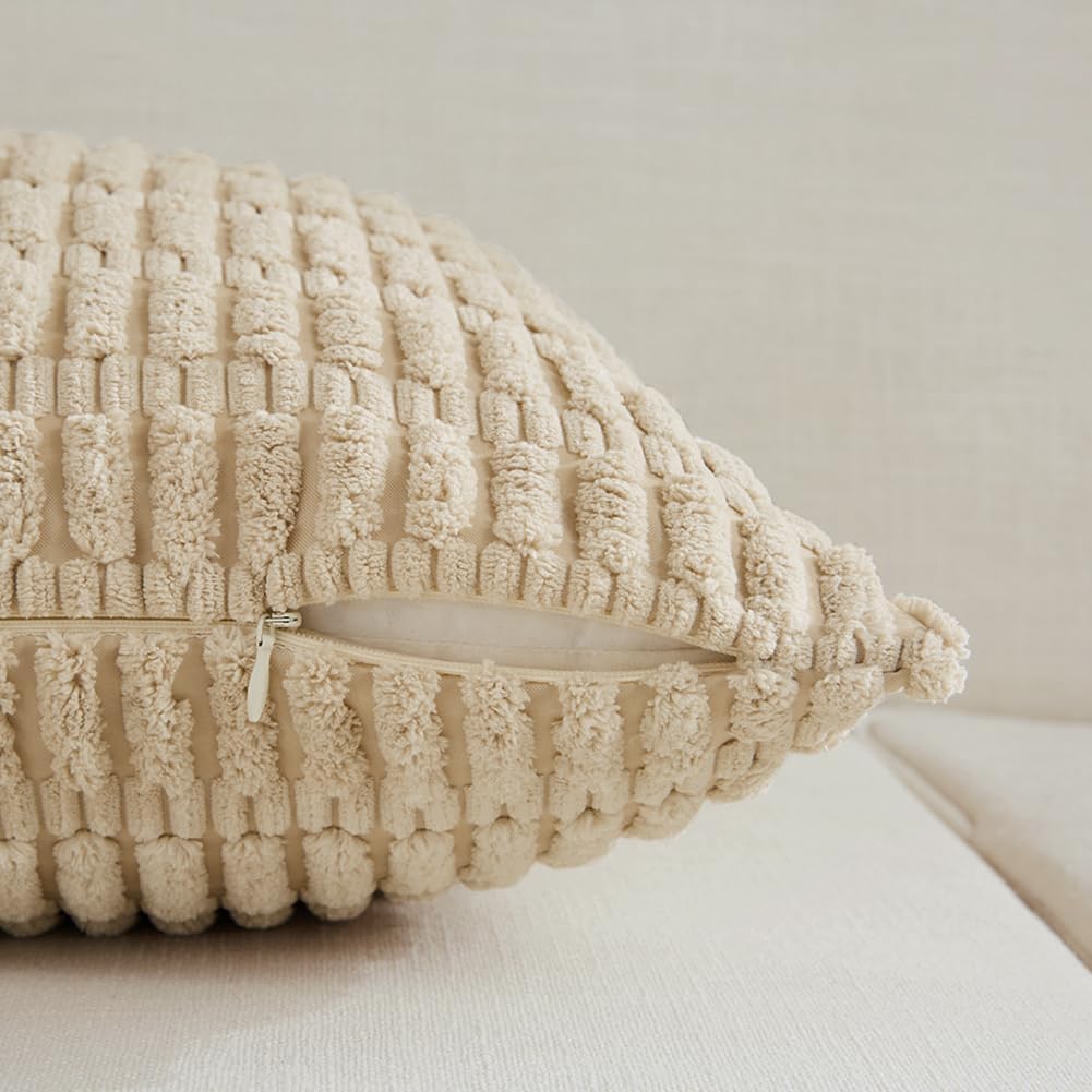 Fancy Homi 4 Packs Tan Decorative Throw Pillow Covers 16x24 Inch for Living Room Couch Bed Sofa, Beige Rustic Farmhouse Boho Home Decor, Soft Plush Striped Corduroy Square Cushion Case 40x60 cm