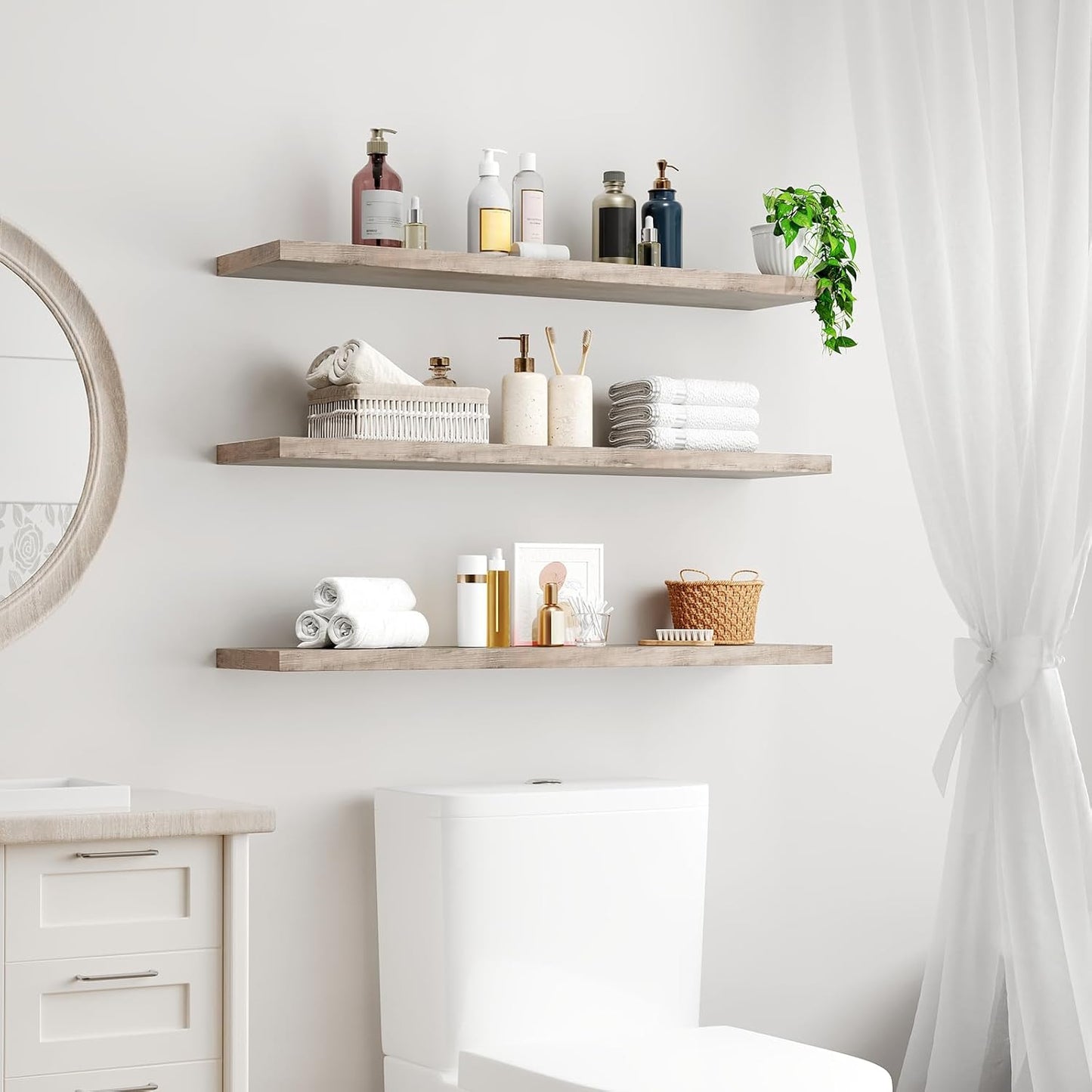 Floating Shelves for Wall, 1.5" Thick Wall Shelf Set of 3 with Invisible Brackets, L39.4 x W7.9 Hanging Book Shelves Farmhouse Home Decor for Bathroom, Living Room, Bedroom, Greige 10301BJP3BG