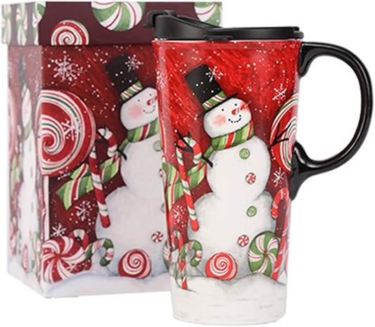 Topadorn Coffee Ceramic Mug Porcelain Latte Tea Cup With Lid in Gift Box 17oz., Santa Snowman