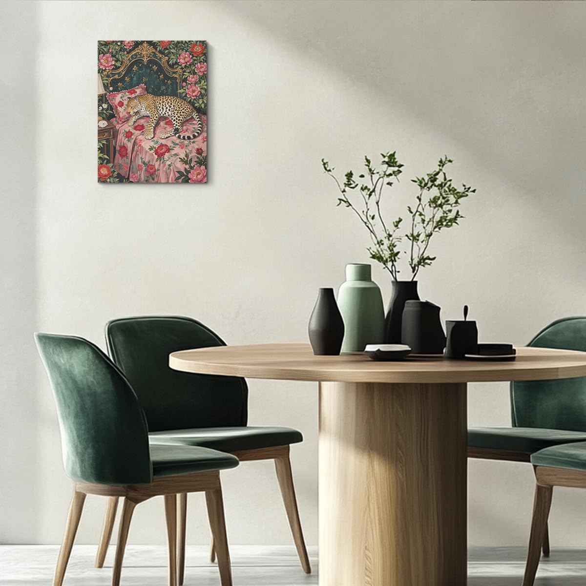 Leopard in Bed Wall Art, Mid Century Vantage Animal Portrait Oil Painting Canvas Framed Prints Modern Decorations, Maximalist Leopard Poster for Bedroom Living Room Entryway Aesthetic