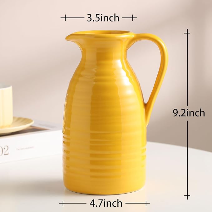 hjn Farmhouse Pitcher Vase for Flowers- Decrative Pitchers White Ceramic Pitcher Yellow Vase for Your Kitchen/Home Decor/Office/Living Room/Bookshelf/Mantel/-Yellow