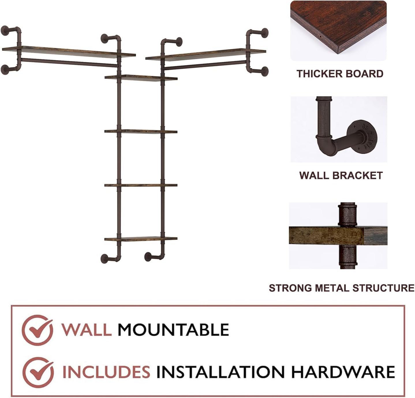 Helsin 5-Tiers 74inch Large Rustic Industrial Pipe Floating Shelving, Wall Mounted Heavy Duty Clothes Rack with Double Hanging Rods Display Storage Rack for Bedroom Organization & Home Décor
