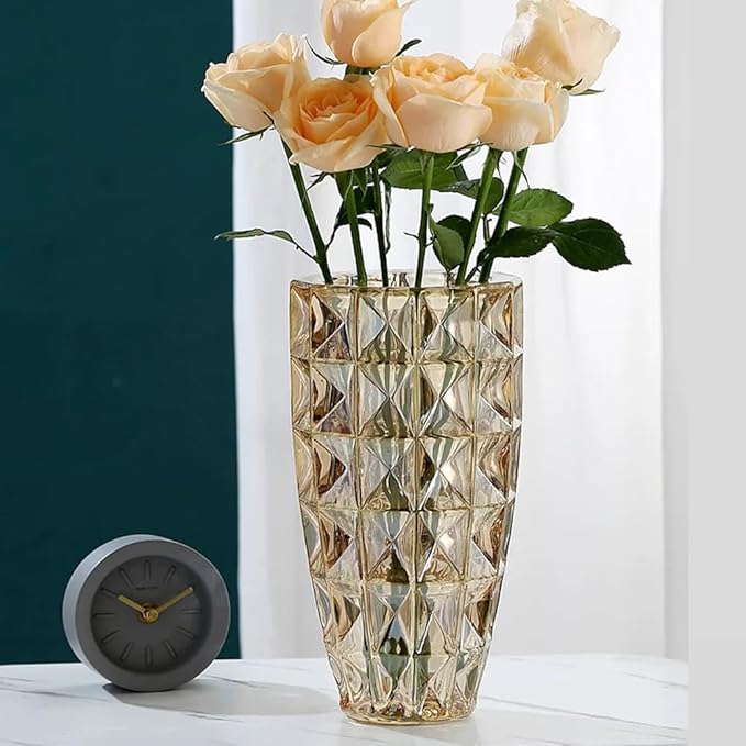 Unique Diamond-Shaped Amber Color Glass Flower Vase 11.8" Tall for Home Decor, Dining Wedding Table Office Holiday Party Centerpiece Decoration.