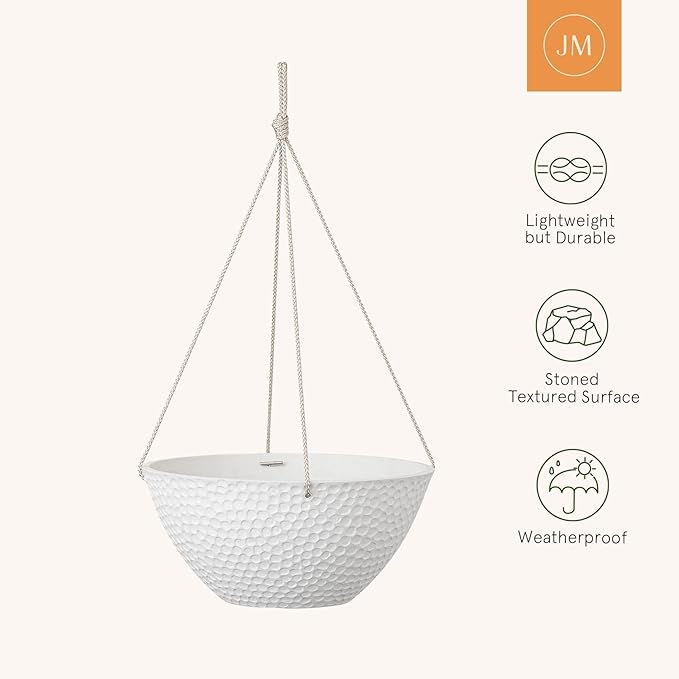 LA JOLIE MUSE Hanging Planters for Outdoor Plants, Large Hanging Planter with Drain Holes, Outdoor Hanging Flower Pots, White Stone, Honeycomb (13.2 Inch, Set of 2)