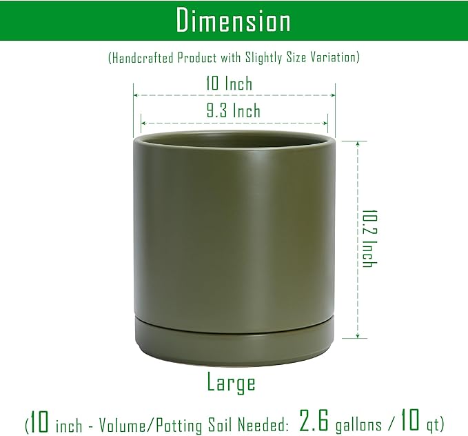 D'vine Dev Set of 2 Plants Pots, 10 Inch Ceramic Planter Pot for Plants with Drainage Hole and Saucer, Olive, 94-V-E-J