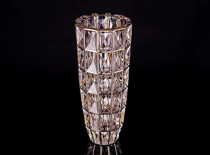 Hand Painted Gold Unique Diamond-Shaped Glass Flower Vase 11.8" Tall for Home Decor, Dining Wedding Table Office Holiday Party Centerpiece Decoration.