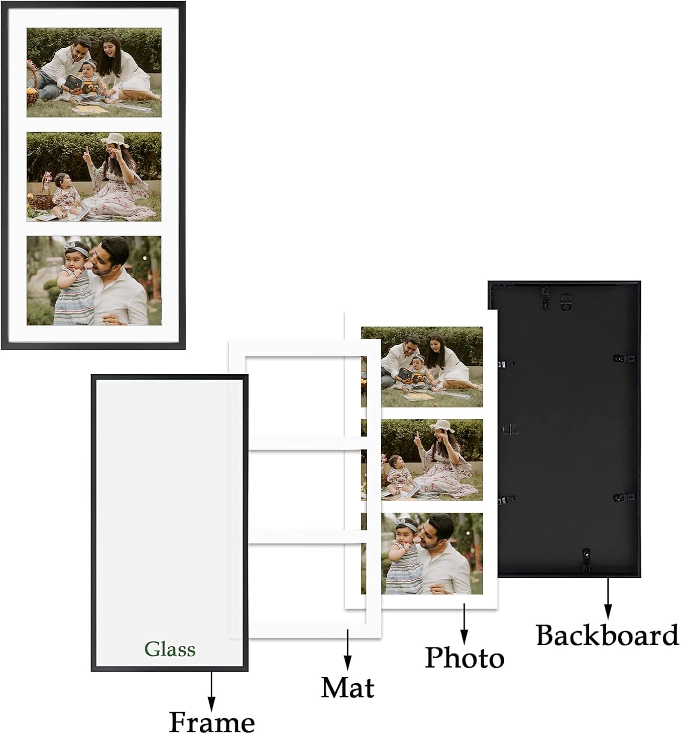 Frametory - 7x14 Aluminum Collage Picture Frame - Display 4x6 Pictures with 3 Openings Mat - Real Glass Front - Horizontal/Vertical Wall Mount - Black 1 Pack