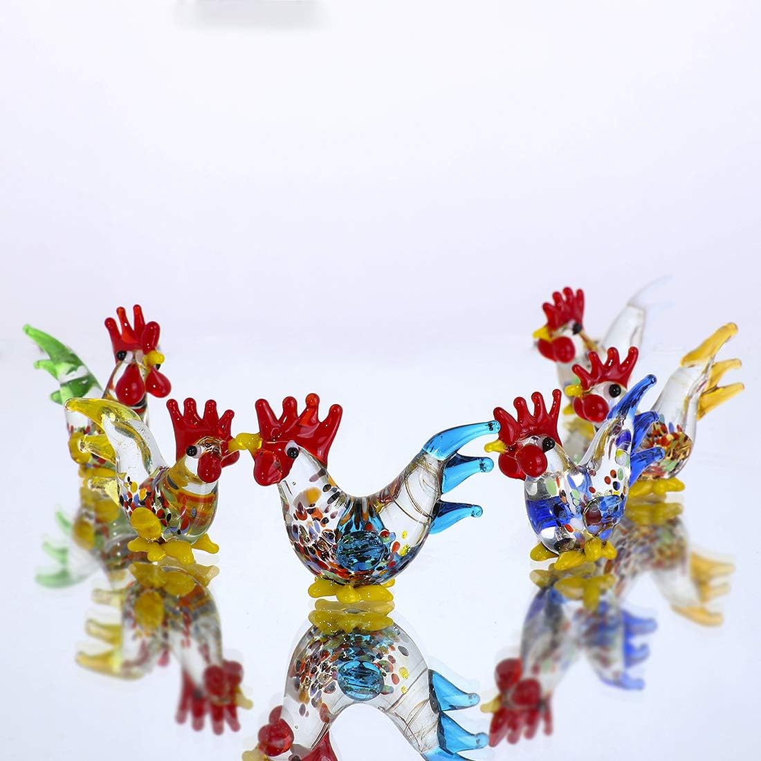 HDCRYSTALGIFTS 6pcs Glass Rooster Chicken Figurine Country Kitchen Decoration Style Miniature Hand Blown Cock Collectible Figure Gifts for Women
