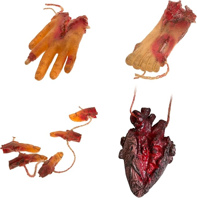 4PCS Halloween Fake Scary Severed Body Parts (Hand, Foot, Heart, Fingers) for Party Decorations