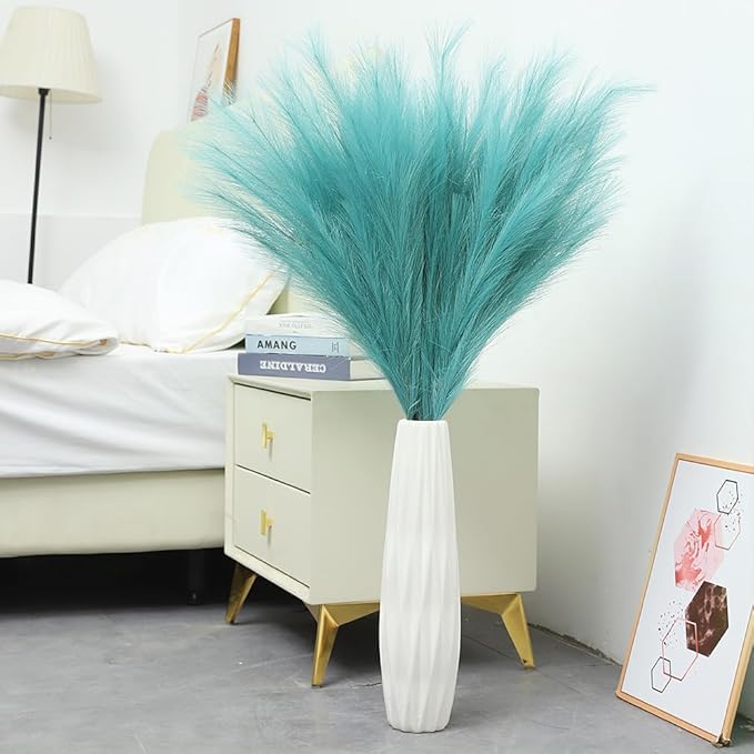 38" 10 Stems Faux Pampas Grass Decor - Tall Pampas Grass for Floor Vase Fluffy Artificial Pampas Grass for Boho Home Wedding Mothers Day Decoration（Lake Blue）