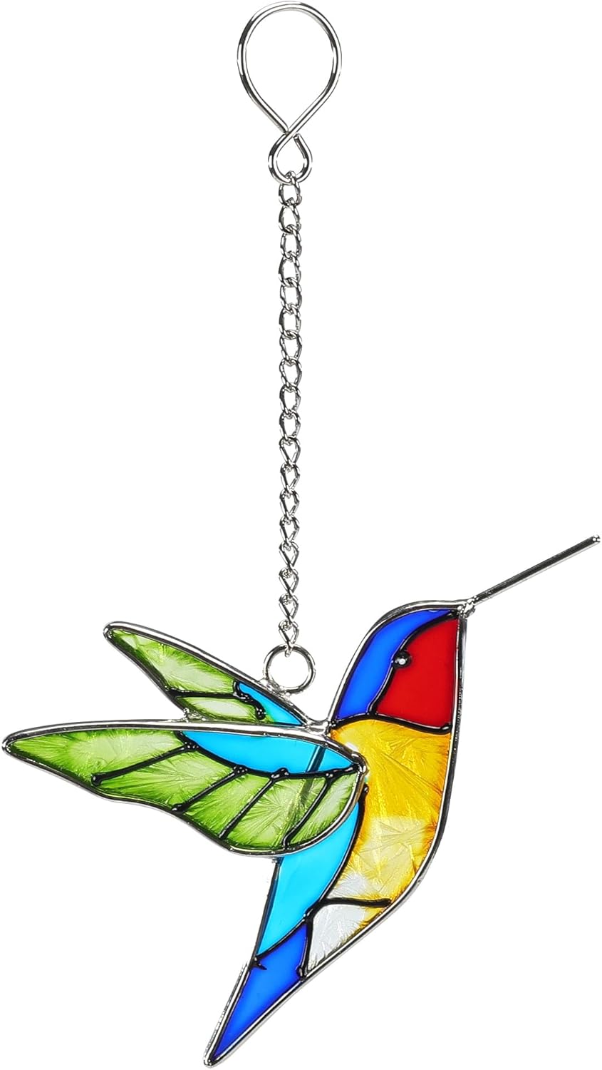 Handmade Stained Glass Hummingbird Hanging Ornament - Colorful 4.3x4.9 Inch Window/Garden Decor for Mom, Grandma, Mother's Day - Patio, Home, Wedding Decorations(Green Wing)