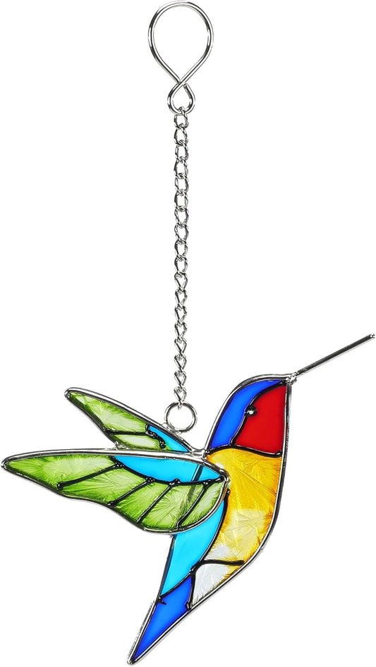 Handmade Stained Glass Hummingbird Hanging Ornament - Colorful 4.3x4.9 Inch Window/Garden Decor for Mom, Grandma, Mother's Day - Patio, Home, Wedding Decorations(Green Wing)