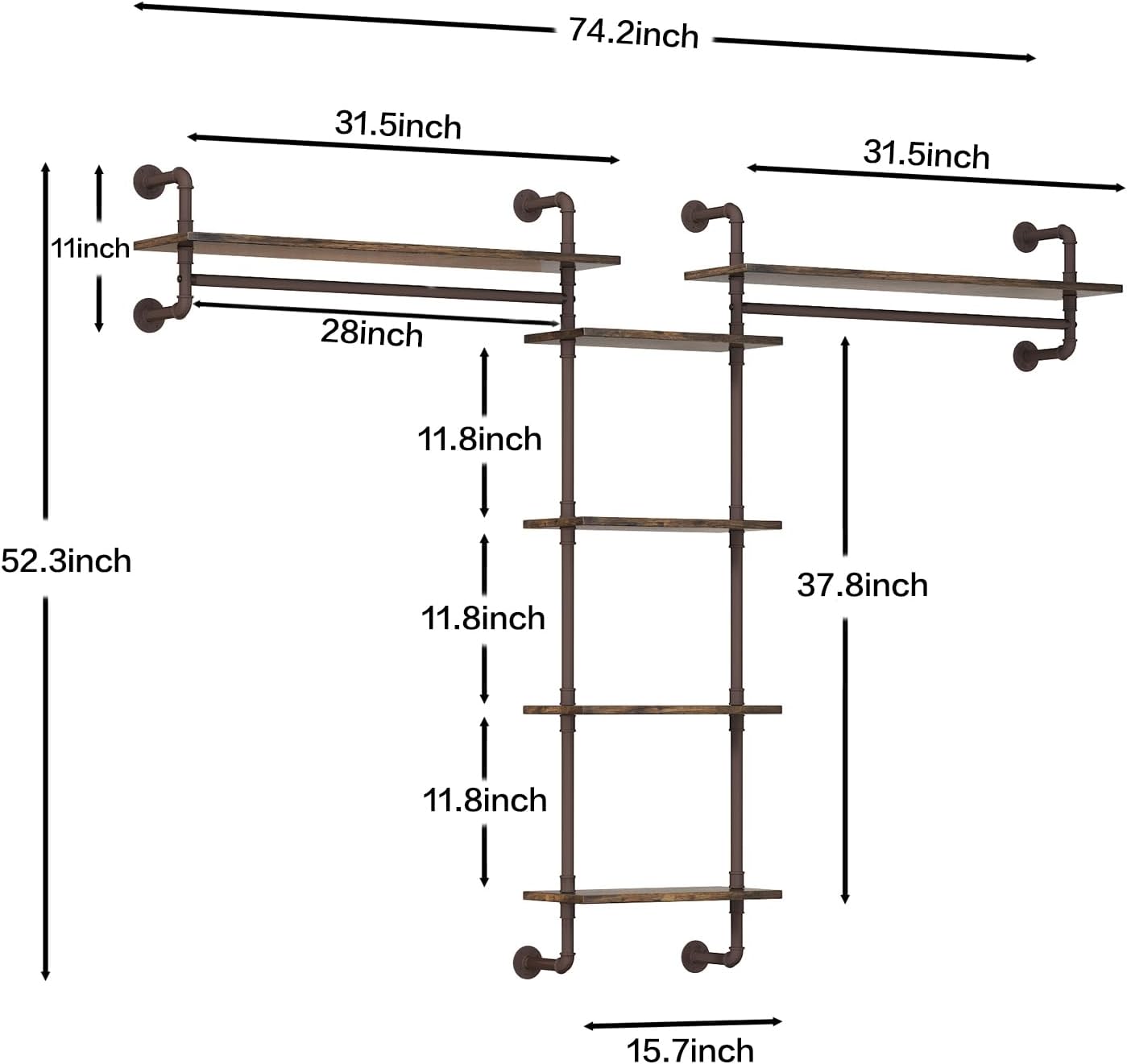 Helsin 5-Tiers 74inch Large Rustic Industrial Pipe Floating Shelving, Wall Mounted Heavy Duty Clothes Rack with Double Hanging Rods Display Storage Rack for Bedroom Organization & Home Décor