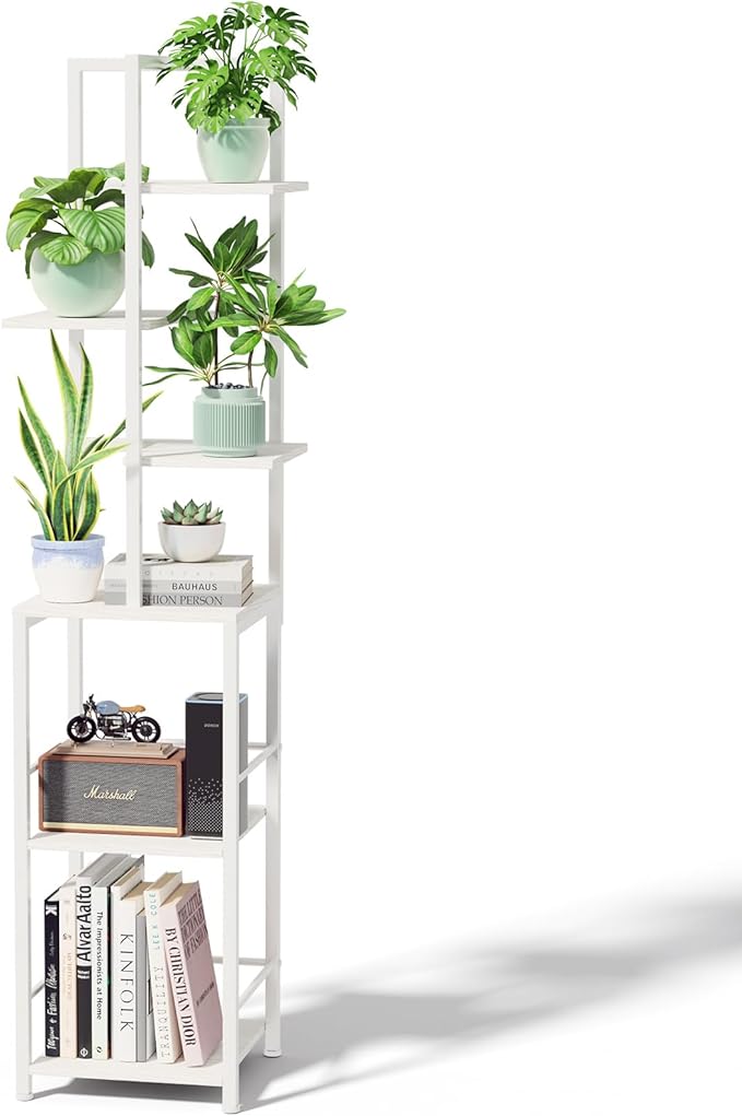 Plant Stand Indoor with Grow Light, 6-Tiered Tall Plant Stand Indoor, Metal Plant Shelf with Bookshelf Bookcase and Adjustable Light, Ideal for Living Room, Reading room, Garden, Patio (white)