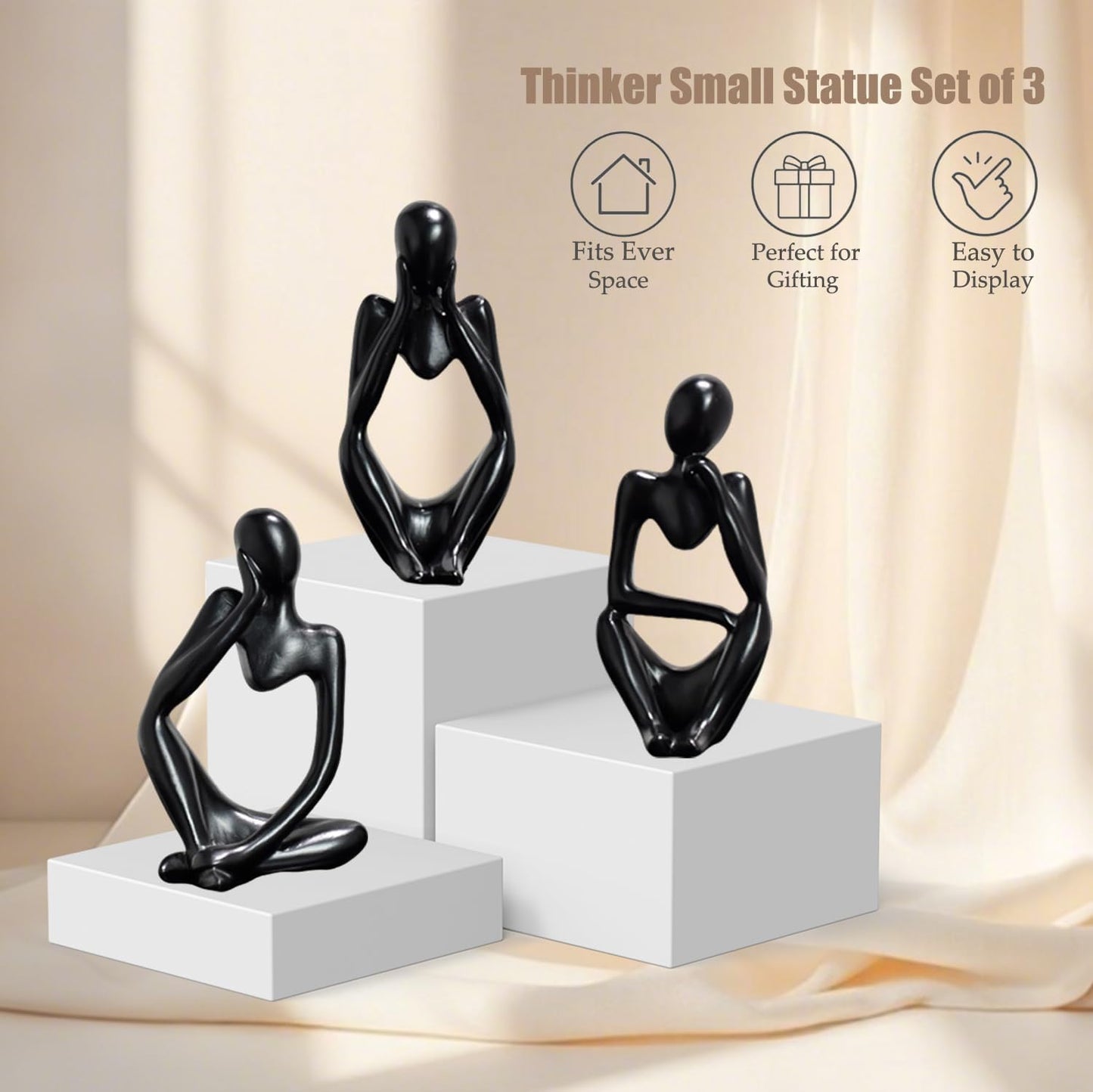 Mingzhang 3pcs Thinker Statue Abstract Art Thinker Figurines Black Home Decor for Living Room, Office, Coffee Table, Bookshelf Decoration, Housewarming Gifts