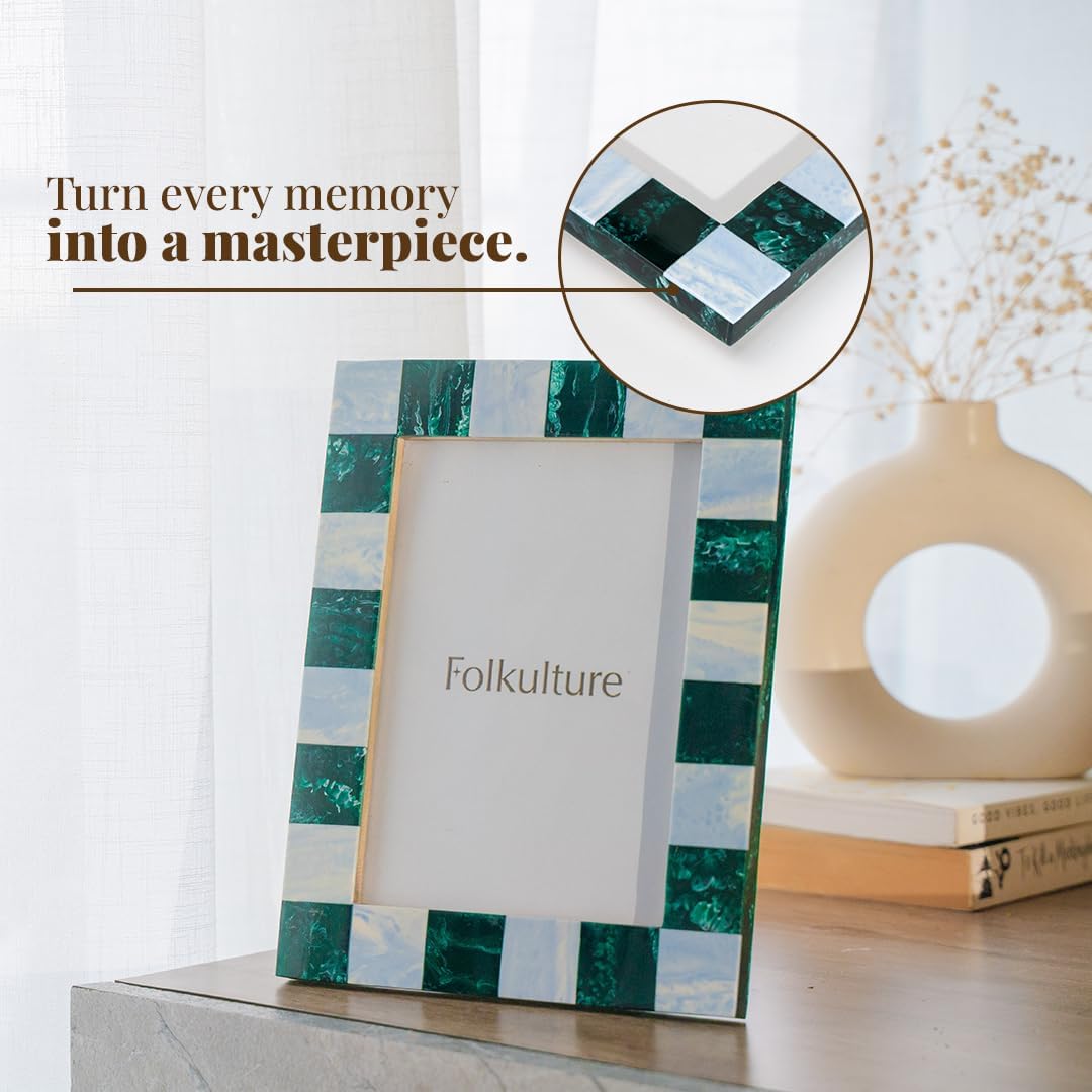 Folkulture Picture Frame | Stylish Marble Resin Unique 5x7 Photo Frame | Modern Wall Decor - Aesthetic Birthday Gift | Forest Fall Green & Pastel Blue Photo Frame | Boho Living Room Home Decor